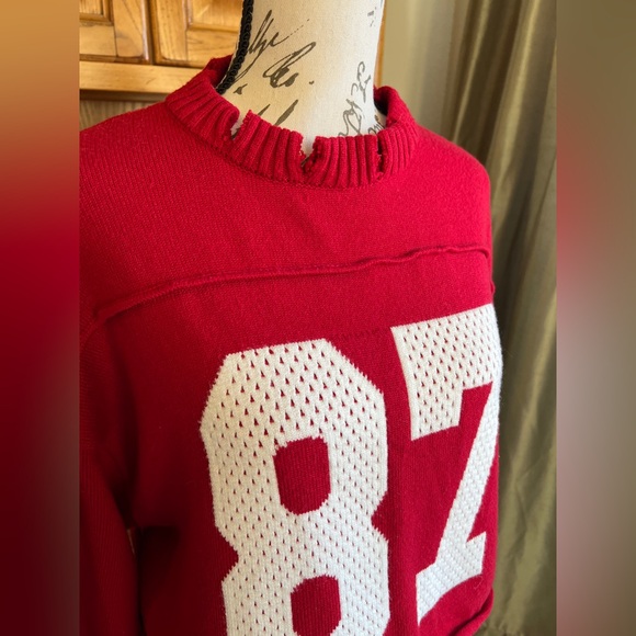 Orange Kiss Red and White Varsity Distressed Number 87 Crop Sweater Large - Picture 2 of 11